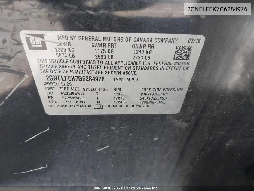 2GNFLFEK7G6284976 2016 Chevrolet Equinox Lt