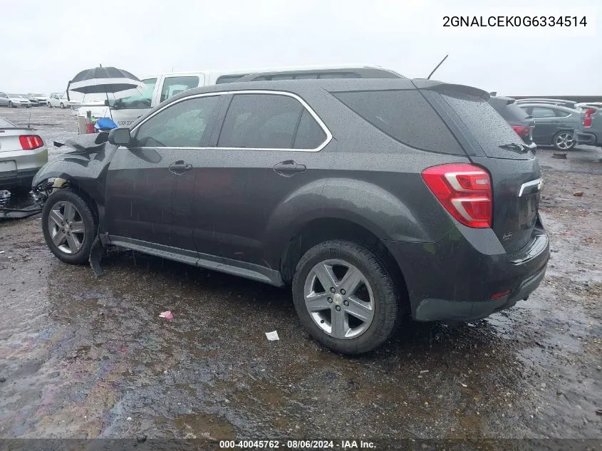 2016 Chevrolet Equinox Lt VIN: 2GNALCEK0G6334514 Lot: 40045762