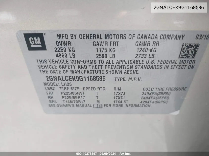 2GNALCEK9G1168586 2016 Chevrolet Equinox Lt