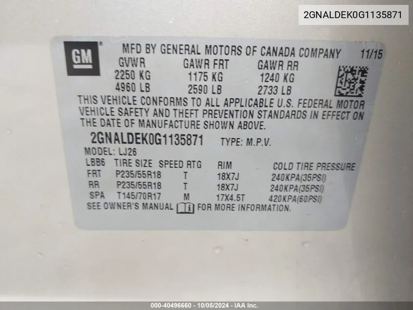 2GNALDEK0G1135871 2016 Chevrolet Equinox Ltz