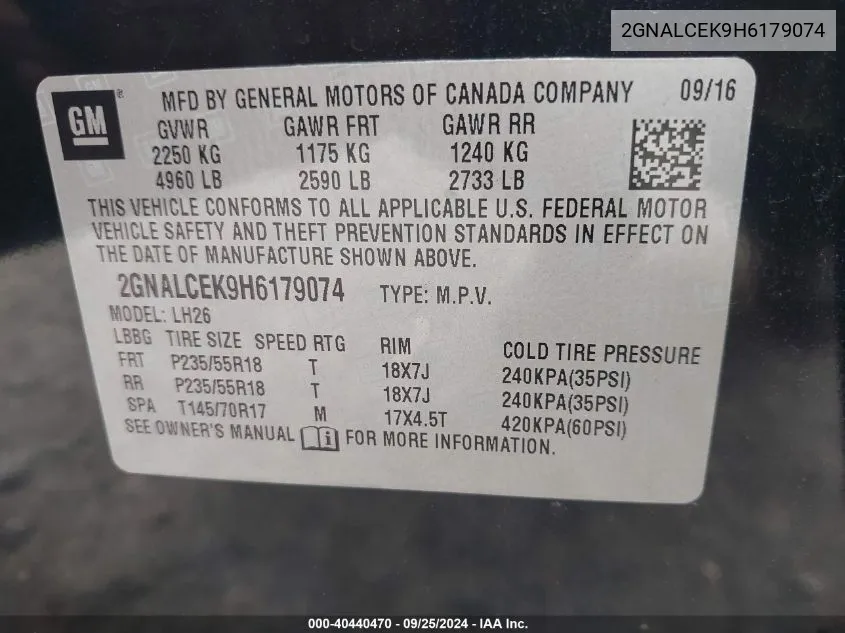 2GNALCEK9H6179074 2017 Chevrolet Equinox Lt