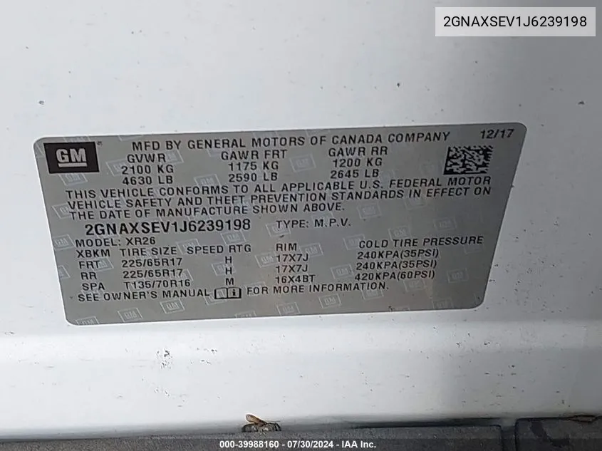 2GNAXSEV1J6239198 2018 Chevrolet Equinox Lt