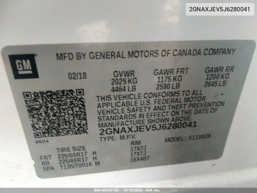 2GNAXJEV5J6280041 2018 Chevrolet Equinox Lt