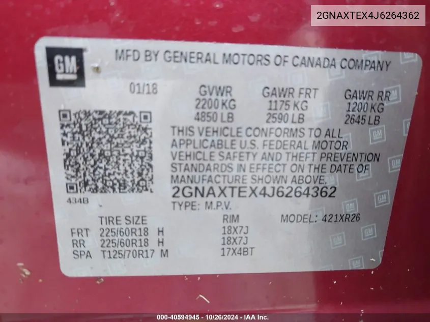 2GNAXTEX4J6264362 2018 Chevrolet Equinox Lt