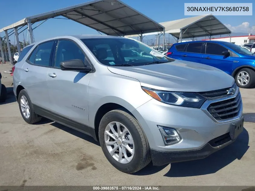 2019 Chevrolet Equinox Ls VIN: 3GNAXHEV7KS680758 Lot: 39883575