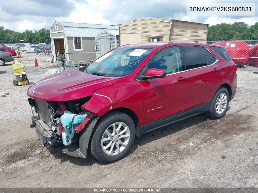 2019 Chevrolet Equinox Lt VIN: 3GNAXKEV2KS600831 Lot: 40031185