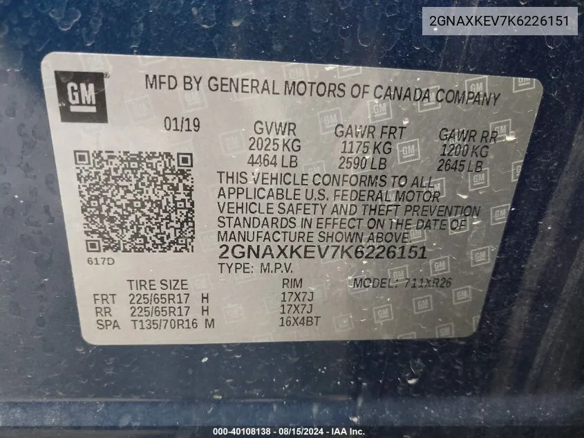 2GNAXKEV7K6226151 2019 Chevrolet Equinox Lt