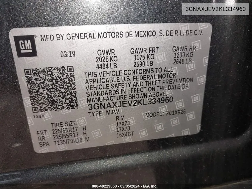 3GNAXJEV2KL334960 2019 Chevrolet Equinox Lt