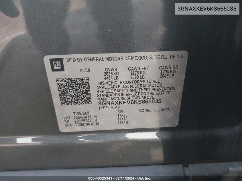 3GNAXKEV6KS665035 2019 Chevrolet Equinox Lt