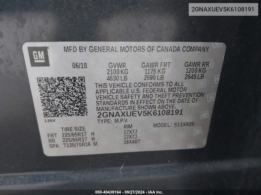 2GNAXUEV5K6108191 2019 Chevrolet Equinox Lt