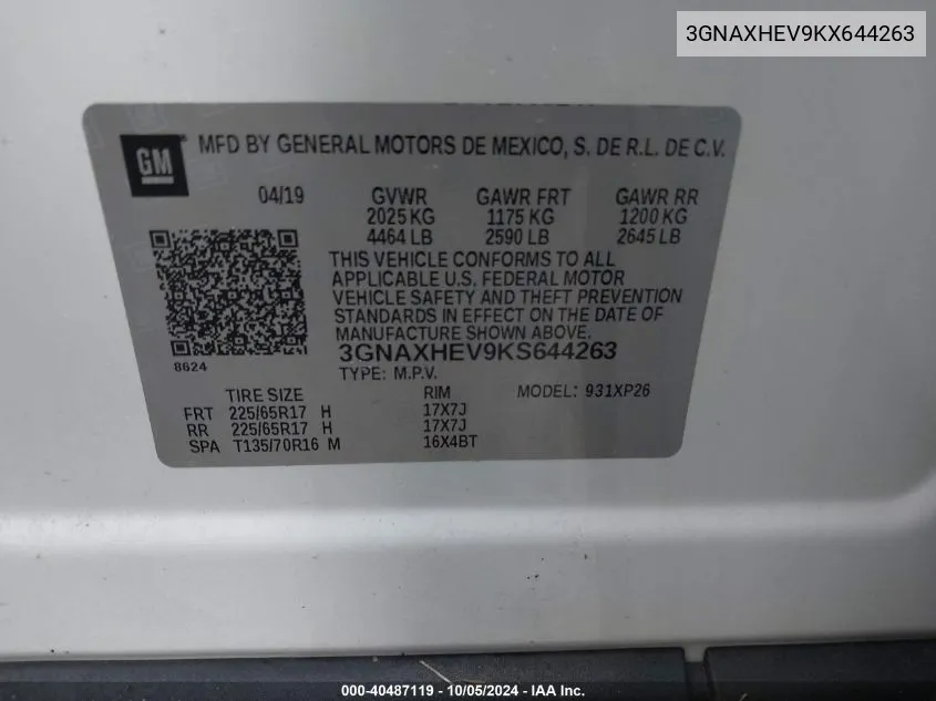 3GNAXHEV9KX644263 2019 Chevrolet Equinox Ls