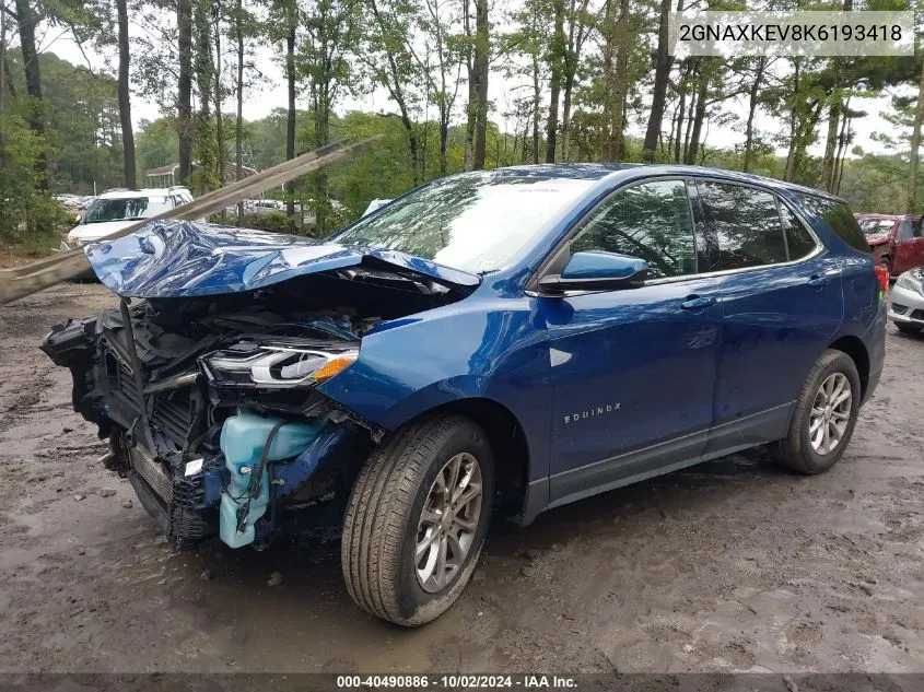 2019 Chevrolet Equinox Lt VIN: 2GNAXKEV8K6193418 Lot: 40490886