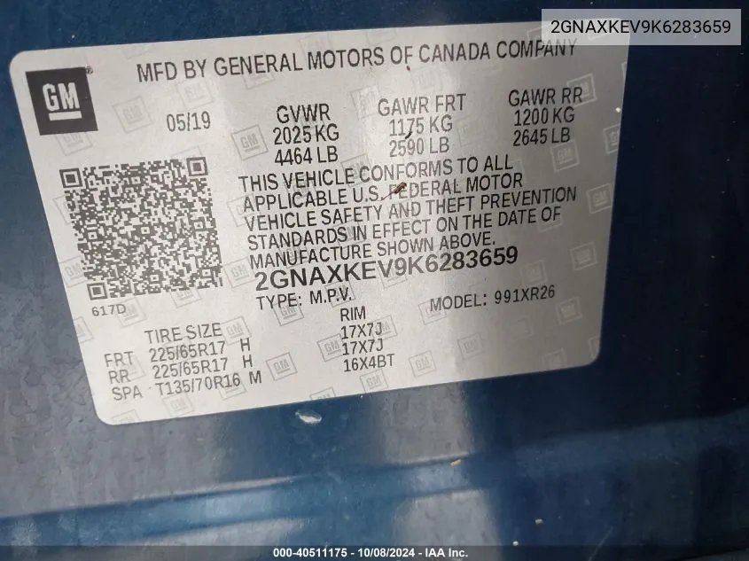 2GNAXKEV9K6283659 2019 Chevrolet Equinox Lt