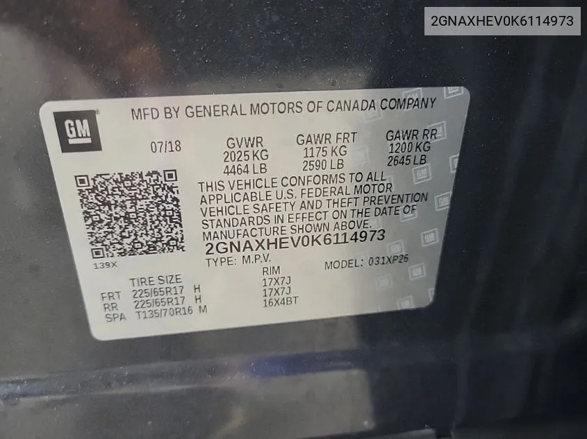 2GNAXHEV0K6114973 2019 Chevrolet Equinox Ls