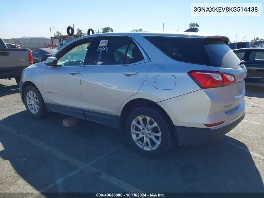 2019 Chevrolet Equinox Lt VIN: 3GNAXKEV8KS514438 Lot: 40635005