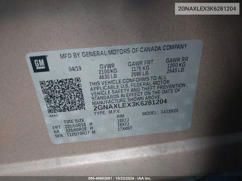 2GNAXLEX3K6281204 2019 Chevrolet Equinox Lt