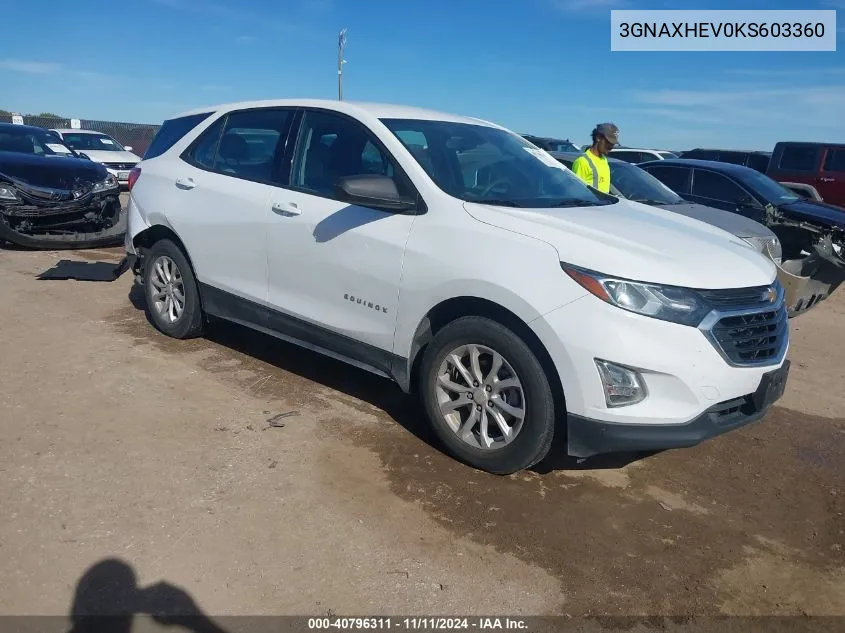 2019 Chevrolet Equinox Ls VIN: 3GNAXHEV0KS603360 Lot: 40796311