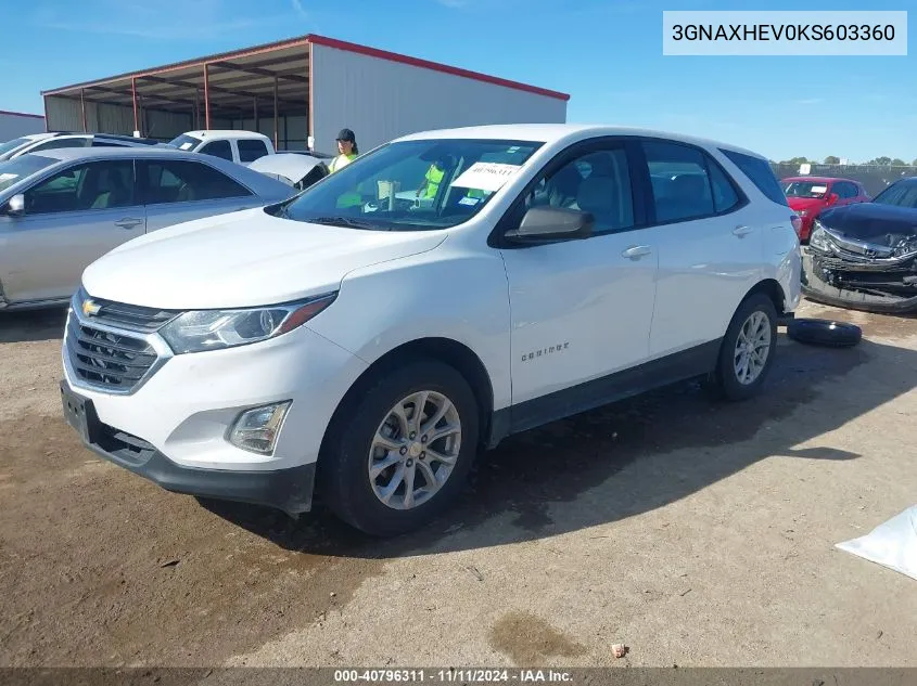 2019 Chevrolet Equinox Ls VIN: 3GNAXHEV0KS603360 Lot: 40796311