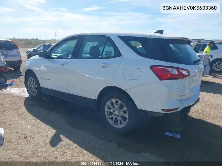 2019 Chevrolet Equinox Ls VIN: 3GNAXHEV0KS603360 Lot: 40796311