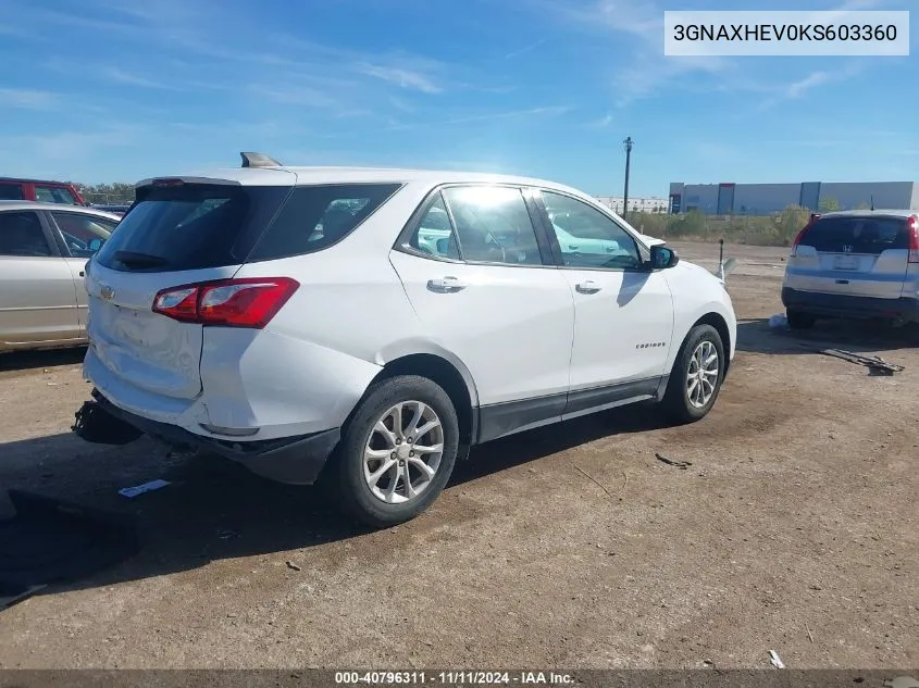 2019 Chevrolet Equinox Ls VIN: 3GNAXHEV0KS603360 Lot: 40796311