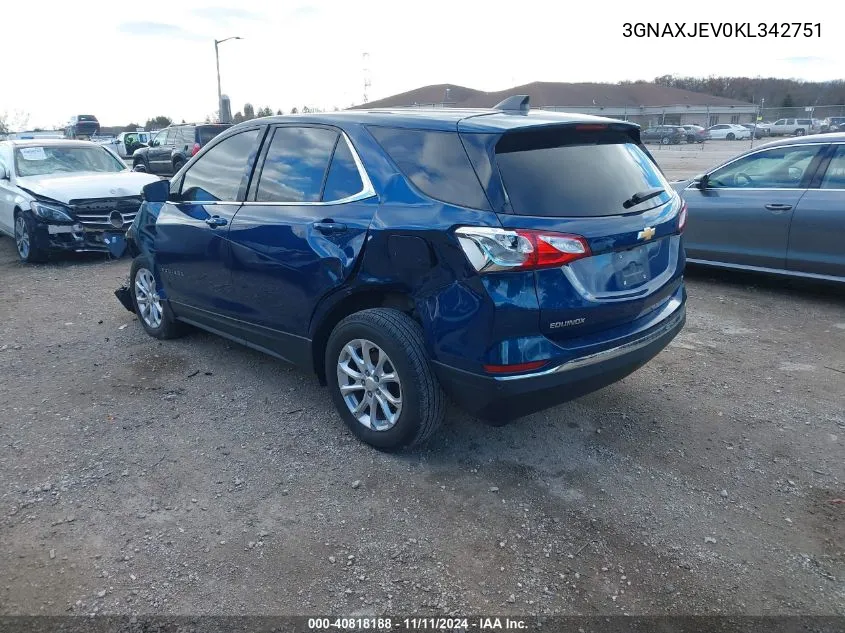 2019 Chevrolet Equinox Lt VIN: 3GNAXJEV0KL342751 Lot: 40818188