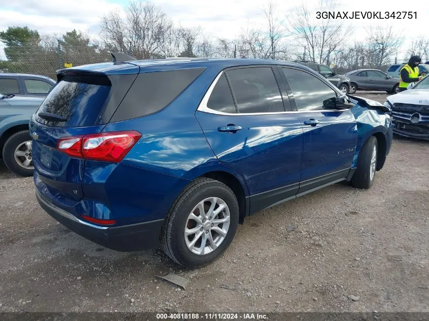 2019 Chevrolet Equinox Lt VIN: 3GNAXJEV0KL342751 Lot: 40818188