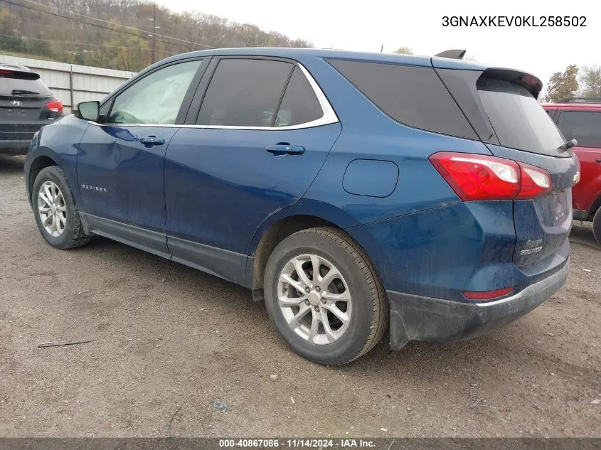 2019 Chevrolet Equinox Lt VIN: 3GNAXKEV0KL258502 Lot: 40867086