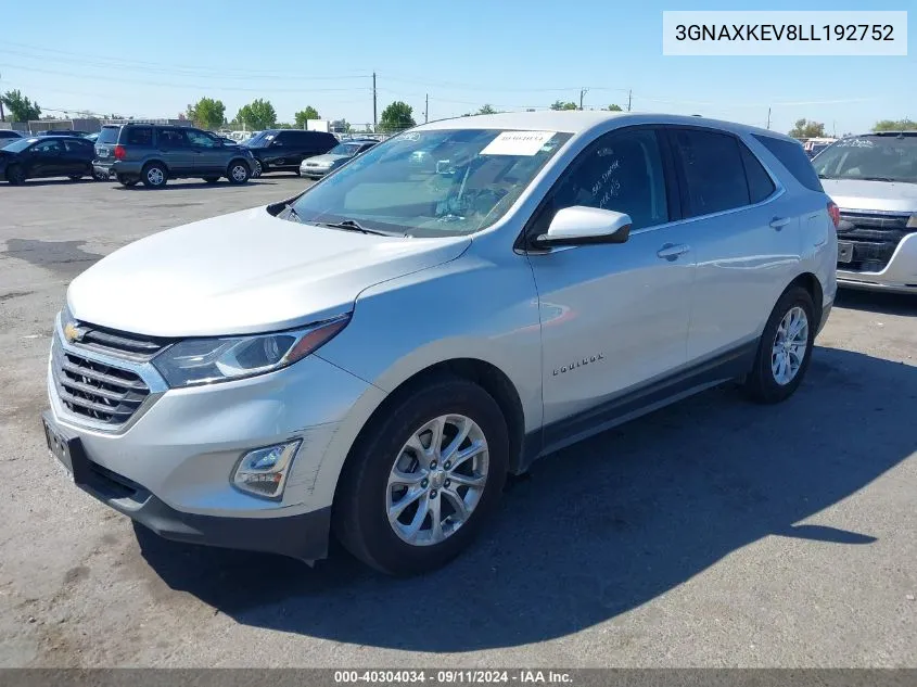 2020 Chevrolet Equinox Fwd Lt 1.5L Turbo VIN: 3GNAXKEV8LL192752 Lot: 40304034