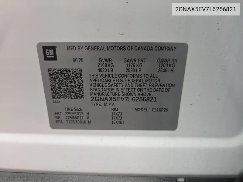 2GNAX5EV7L6256821 2020 Chevrolet Equinox Awd 1Fl