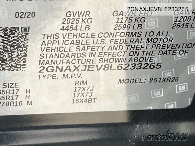 2GNAXJEV8L6233265 2020 Chevrolet Equinox Lt