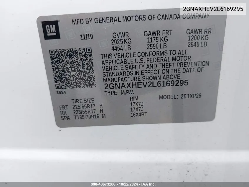 2020 Chevrolet Equinox Fwd Ls VIN: 2GNAXHEV2L6169295 Lot: 40673286