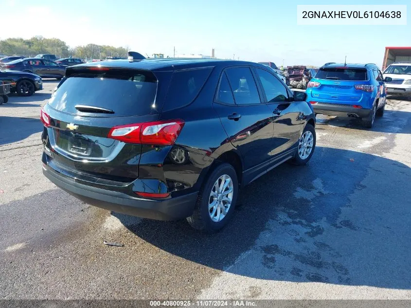 2020 Chevrolet Equinox Fwd Ls VIN: 2GNAXHEV0L6104638 Lot: 40800925