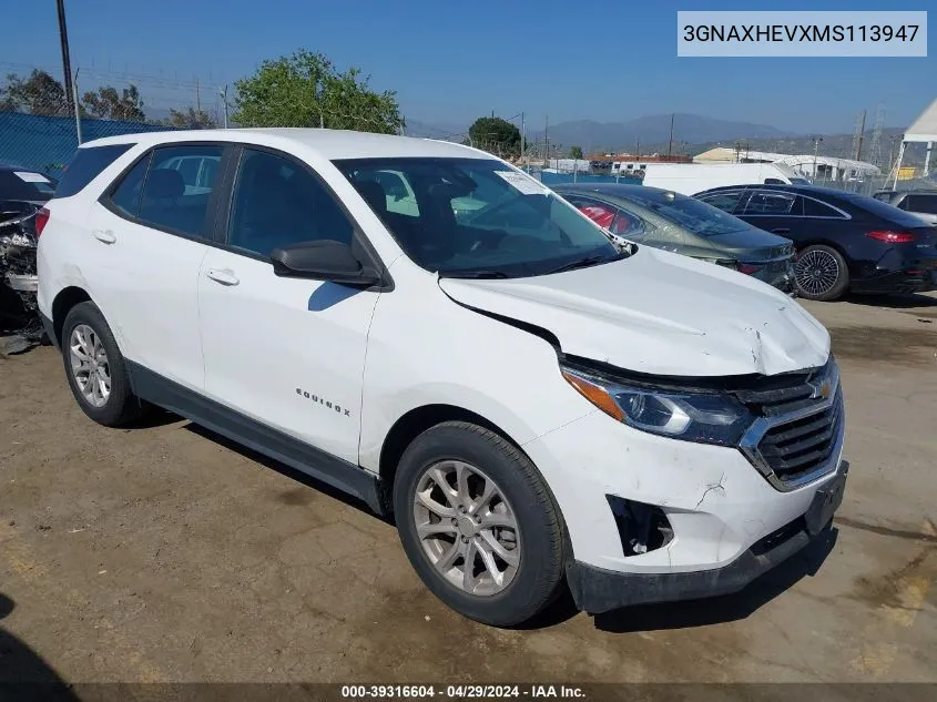 2021 Chevrolet Equinox Fwd Ls VIN: 3GNAXHEVXMS113947 Lot: 39316604