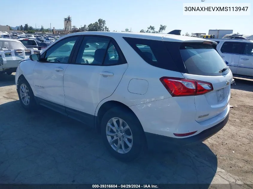 2021 Chevrolet Equinox Fwd Ls VIN: 3GNAXHEVXMS113947 Lot: 39316604