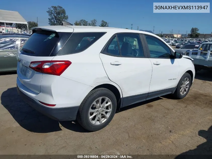 2021 Chevrolet Equinox Fwd Ls VIN: 3GNAXHEVXMS113947 Lot: 39316604