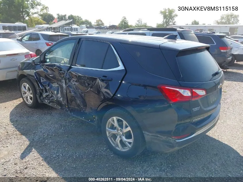 2021 Chevrolet Equinox Lt VIN: 3GNAXKEV8MS115158 Lot: 40262511