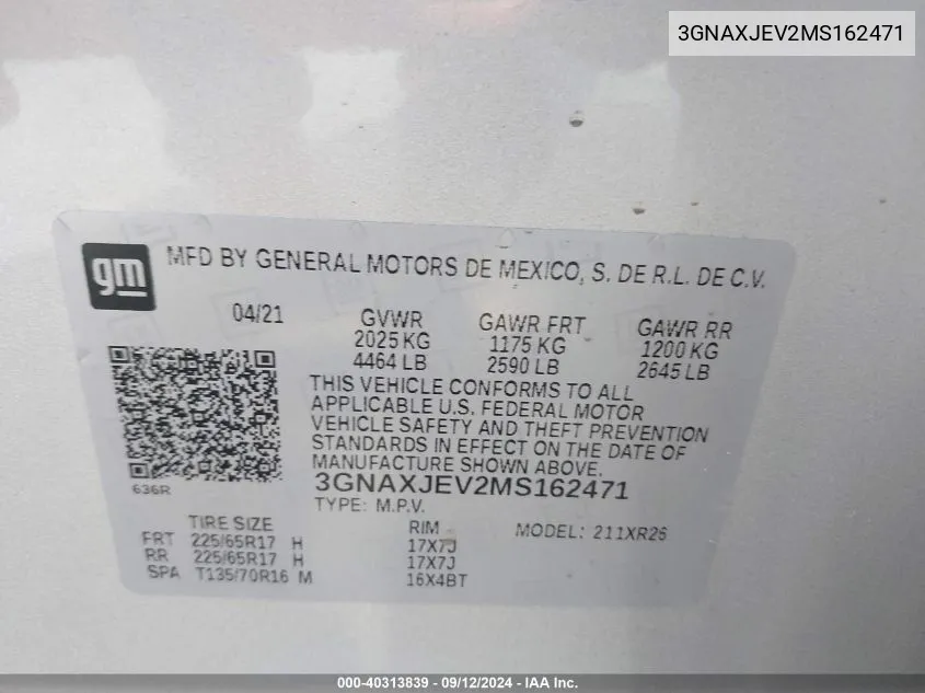 3GNAXJEV2MS162471 2021 Chevrolet Equinox Fwd 2Fl