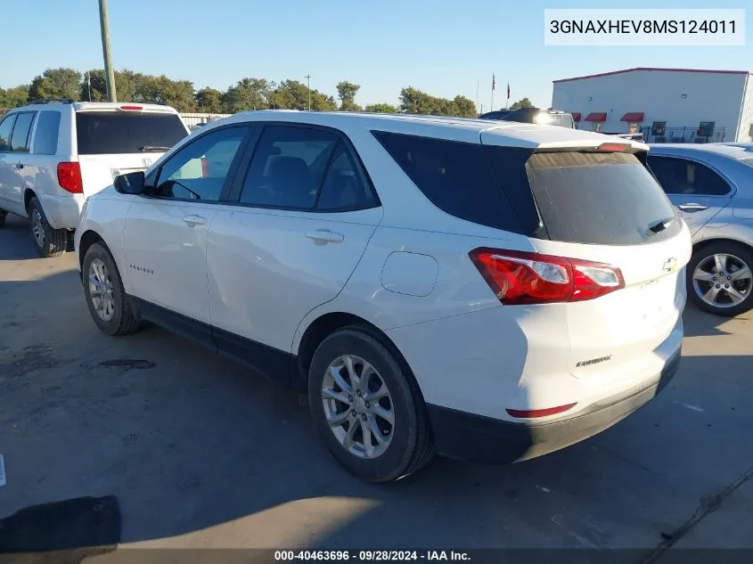 2021 Chevrolet Equinox Ls VIN: 3GNAXHEV8MS124011 Lot: 40463696