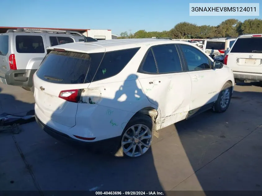 2021 Chevrolet Equinox Ls VIN: 3GNAXHEV8MS124011 Lot: 40463696