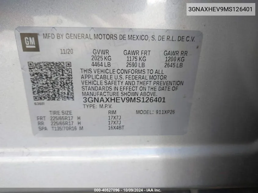 2021 Chevrolet Equinox Fwd Ls VIN: 3GNAXHEV9MS126401 Lot: 40527096