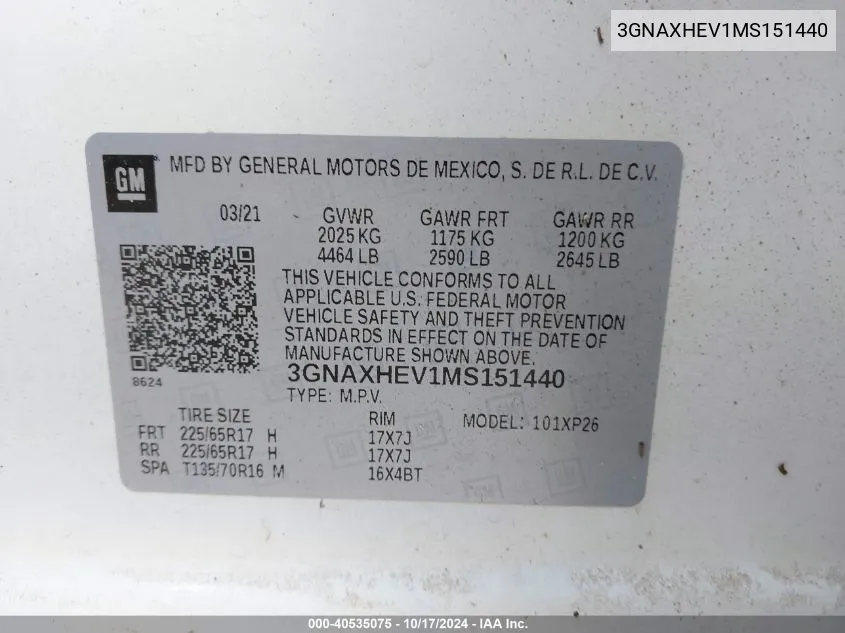 2021 Chevrolet Equinox Ls VIN: 3GNAXHEV1MS151440 Lot: 40535075