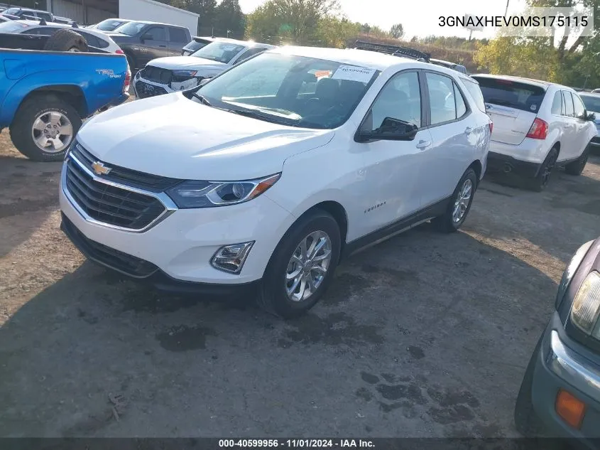 2021 Chevrolet Equinox Fwd Ls VIN: 3GNAXHEV0MS175115 Lot: 40599956