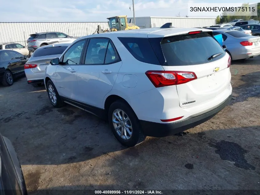 2021 Chevrolet Equinox Fwd Ls VIN: 3GNAXHEV0MS175115 Lot: 40599956