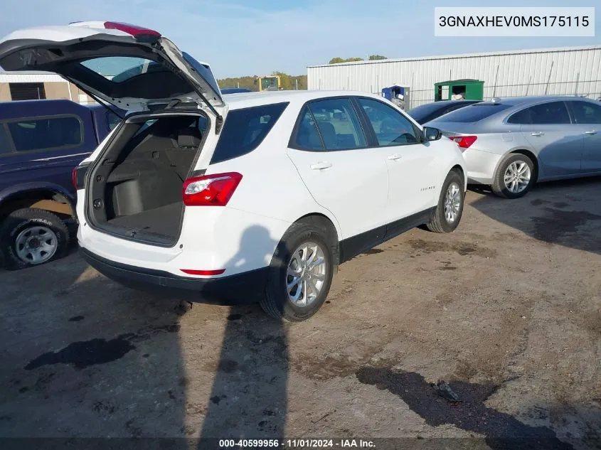 2021 Chevrolet Equinox Fwd Ls VIN: 3GNAXHEV0MS175115 Lot: 40599956