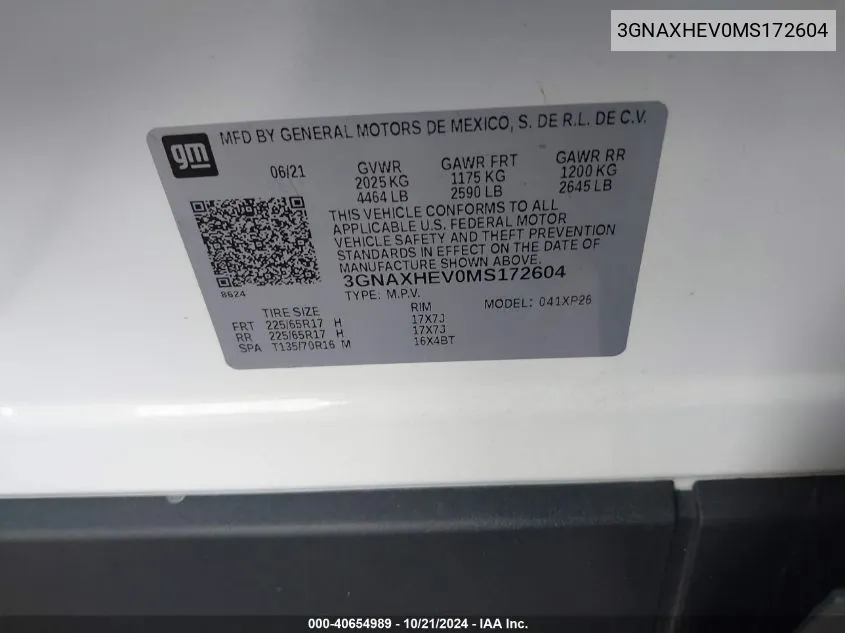 2021 Chevrolet Equinox Ls VIN: 3GNAXHEV0MS172604 Lot: 40654989