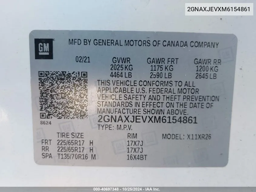 2GNAXJEVXM6154861 2021 Chevrolet Equinox Fwd 2Fl