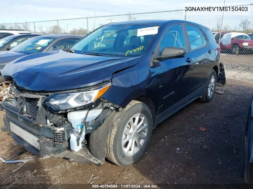 2021 Chevrolet Equinox Fwd Ls VIN: 3GNAXHEV1MS150403 Lot: 40794569