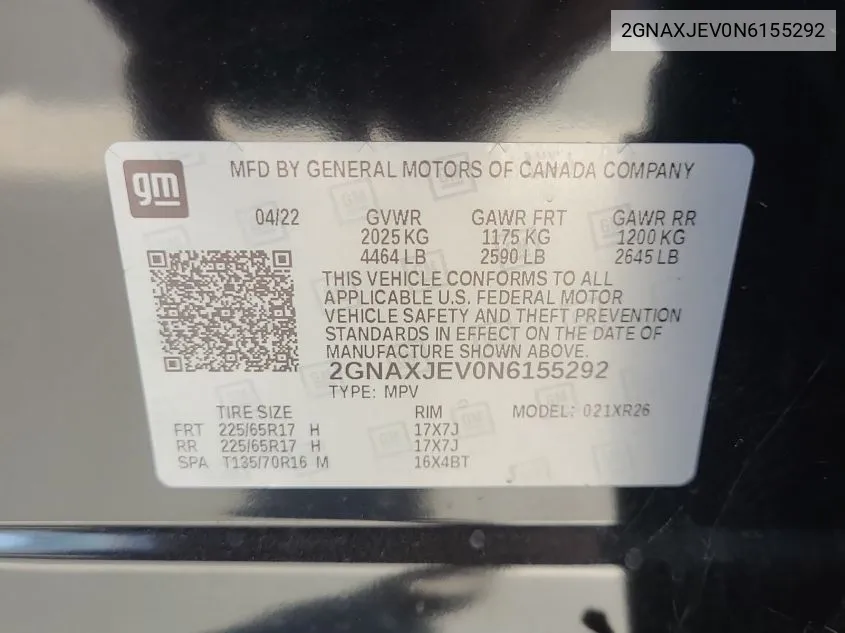 2GNAXJEV0N6155292 2022 Chevrolet Equinox Lt