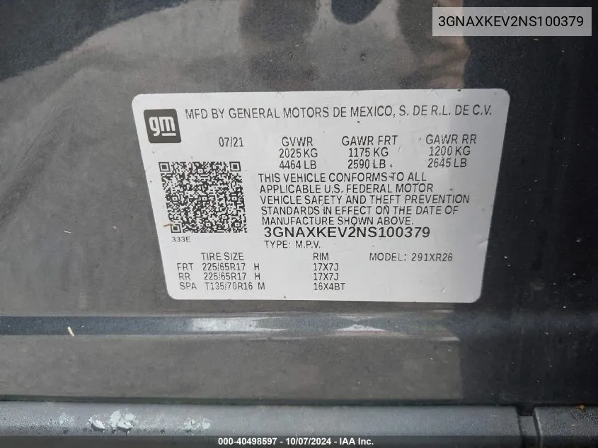 3GNAXKEV2NS100379 2022 Chevrolet Equinox Lt