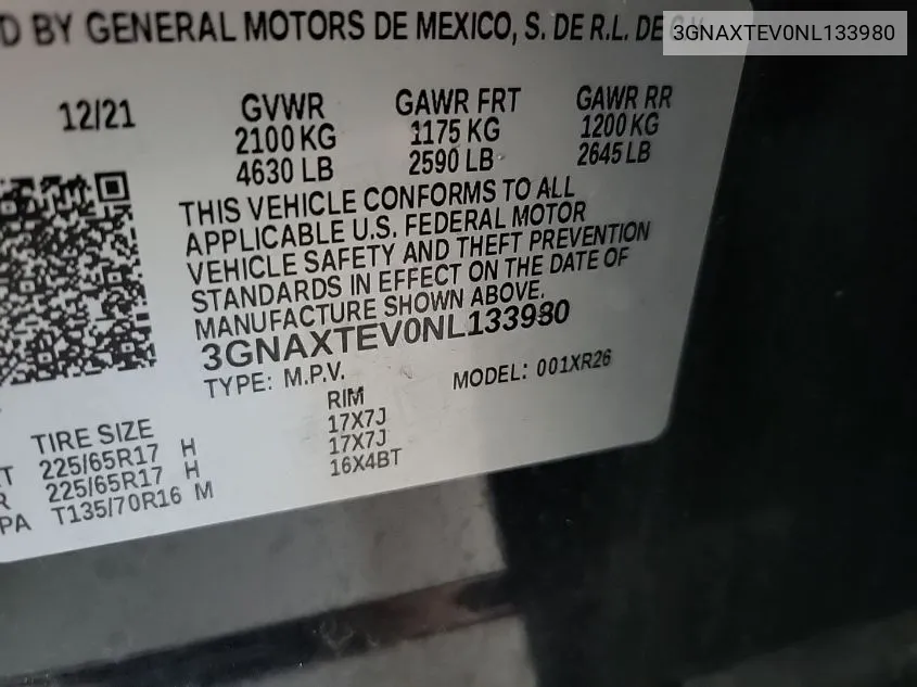 3GNAXTEV0NL133980 2022 Chevrolet Equinox Lt